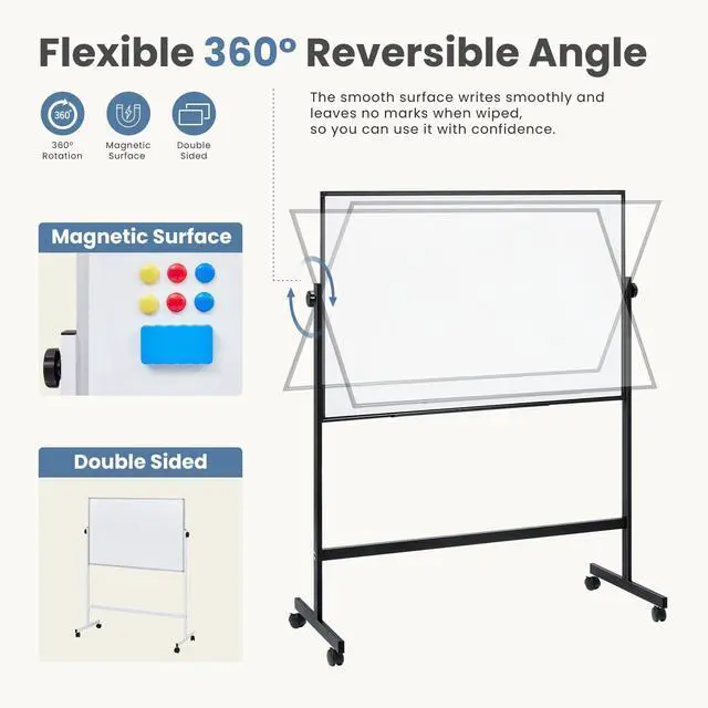 Alt view image 3 of 7 - Rolling Whiteboard Double Sided 46 x 32 Inches, Magnetic White Board Dry Erase on Wheels, Dry Erase Board with Stand for School, Office and Home, Silver Aluminium Frame, Black