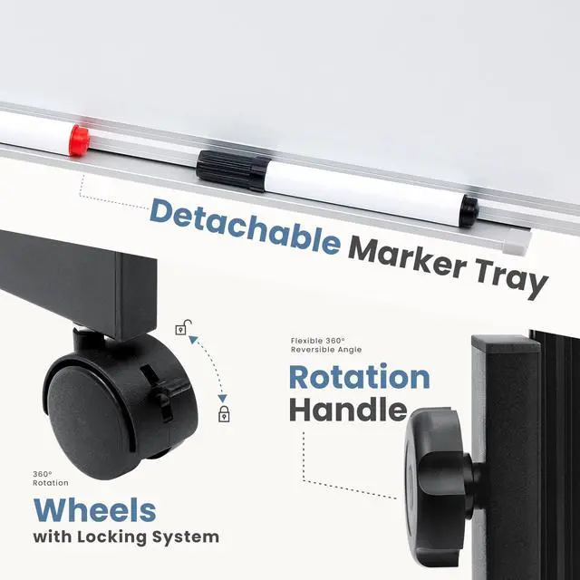 Alt view image 4 of 7 - Rolling Whiteboard Double Sided 46 x 32 Inches, Magnetic White Board Dry Erase on Wheels, Dry Erase Board with Stand for School, Office and Home, Silver Aluminium Frame, Black