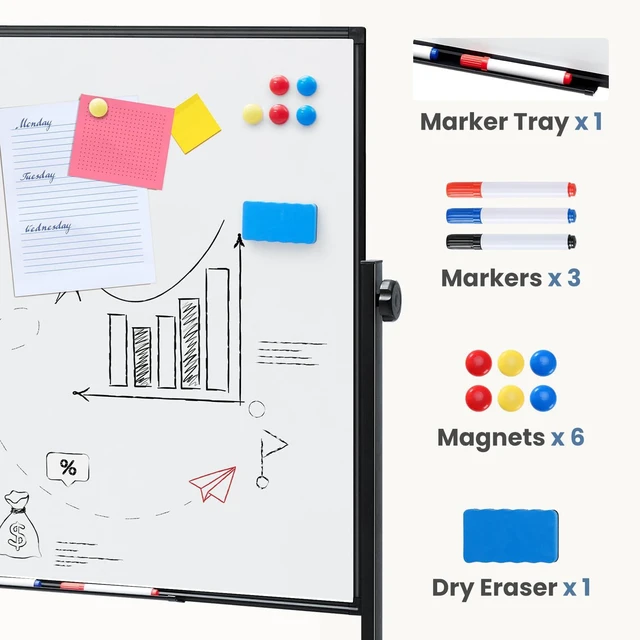 Alt view image 5 of 7 - Rolling Whiteboard Double Sided 46 x 32 Inches, Magnetic White Board Dry Erase on Wheels, Dry Erase Board with Stand for School, Office and Home, Silver Aluminium Frame, Black