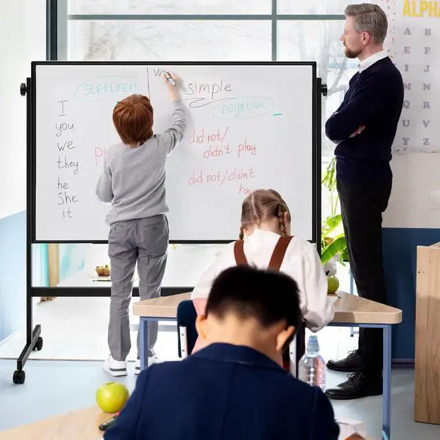 Alt view image 7 of 7 - Rolling Whiteboard Double Sided 46 x 32 Inches, Magnetic White Board Dry Erase on Wheels, Dry Erase Board with Stand for School, Office and Home, Silver Aluminium Frame, Black