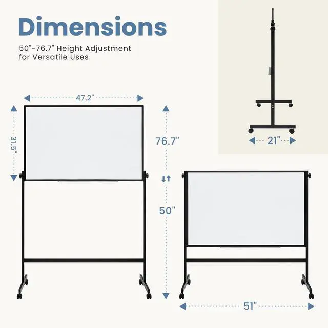 Alt view image 2 of 7 - Rolling Whiteboard Double Sided 46 x 32 Inches, Magnetic White Board Dry Erase on Wheels, Dry Erase Board with Stand for School, Office and Home, Silver Aluminium Frame, Black