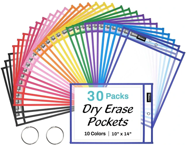 Main image of 30 Packs Oversized Reusable Dry Erase Pocket Sleeves with 2 Rings, 10 Assorted Colors 10x14 Ticket Holders, Clear Plastic Sheet Protectors, Teacher School Classroom Supplies