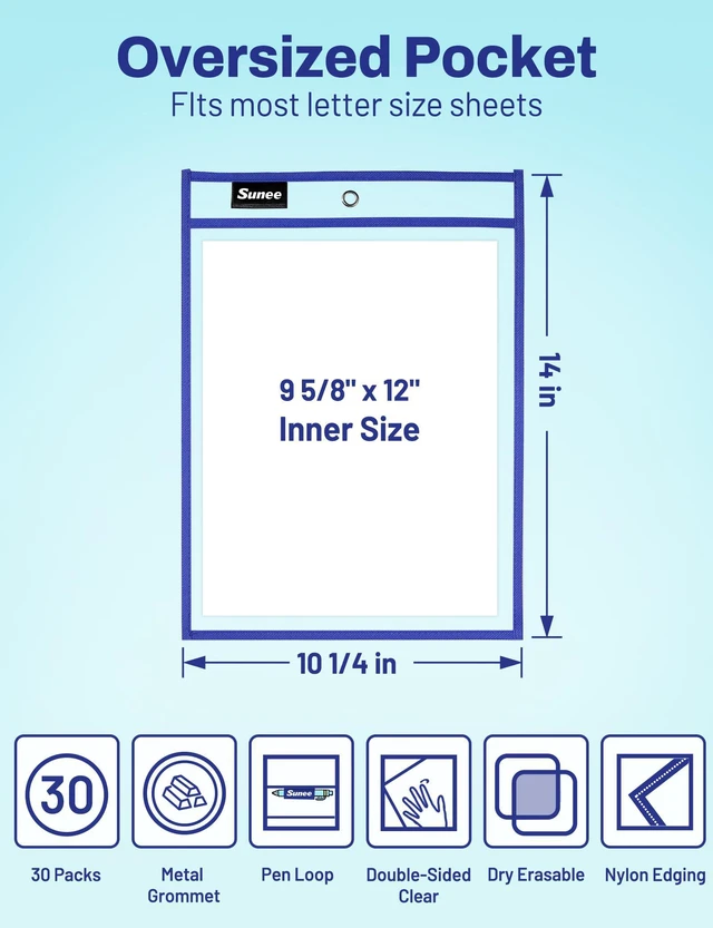 Alt view image 2 of 7 - 30 Packs Oversized Reusable Dry Erase Pocket Sleeves with 2 Rings, 10 Assorted Colors 10x14 Ticket Holders, Clear Plastic Sheet Protectors, Teacher School Classroom Supplies