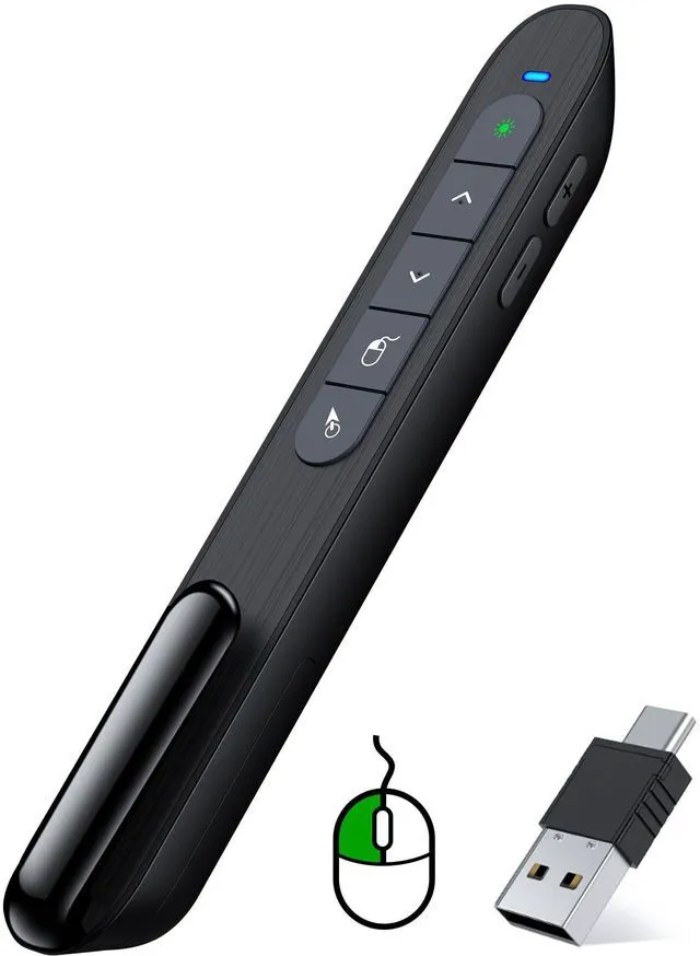 Main image of Green Light Wireless Presentation Clicker with Air Mouse, 2.4GHz Rechargeable USB-A/USB-C PowerPoint Clicker Slide Advancer, Presenter for PC, Mac, Computer