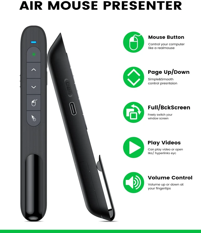 Alt view image 2 of 7 - Green Light Wireless Presentation Clicker with Air Mouse, 2.4GHz Rechargeable USB-A/USB-C PowerPoint Clicker Slide Advancer, Presenter for PC, Mac, Computer