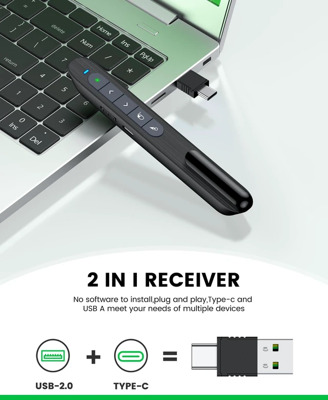 Alt view image 4 of 7 - Green Light Wireless Presentation Clicker with Air Mouse, 2.4GHz Rechargeable USB-A/USB-C PowerPoint Clicker Slide Advancer, Presenter for PC, Mac, Computer