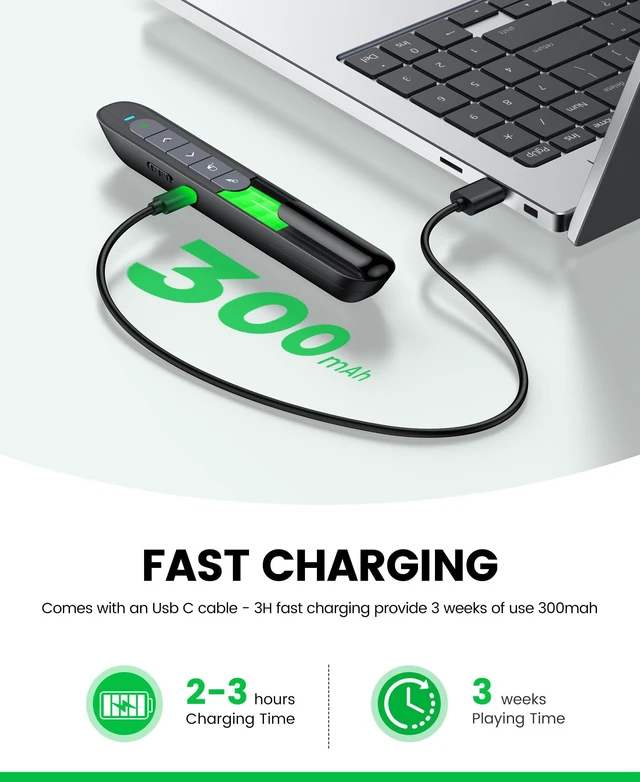 Alt view image 5 of 7 - Green Light Wireless Presentation Clicker with Air Mouse, 2.4GHz Rechargeable USB-A/USB-C PowerPoint Clicker Slide Advancer, Presenter for PC, Mac, Computer