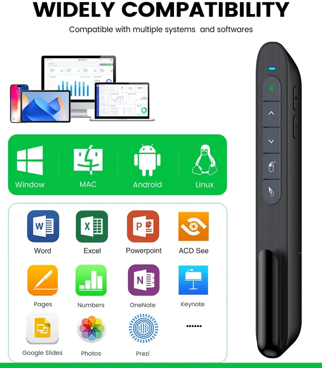Alt view image 7 of 7 - Green Light Wireless Presentation Clicker with Air Mouse, 2.4GHz Rechargeable USB-A/USB-C PowerPoint Clicker Slide Advancer, Presenter for PC, Mac, Computer