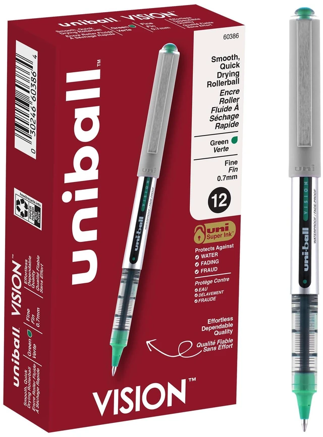 Main image of Uniball Vision Rollerball Pens, Green Pens Pack of 12 - 0.7mm Fine Point Medium Ink - Japanese Pens, Smooth Writing Pens, School & Office Supplies
