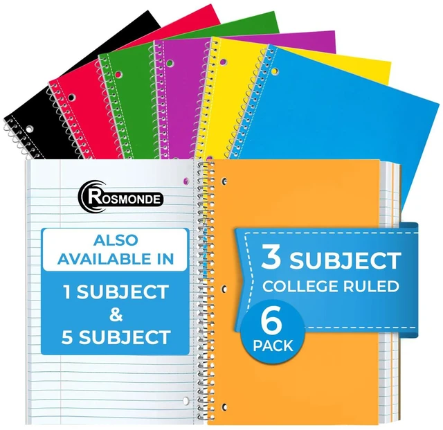 Main image of 3 Subject Notebook College Ruled, 6 Pack, 150 Sheets (300 Pages) No-Bleed Paper, 3 Hole Punched, Thick Paper, 8x10-1/2, 3 Subject Spiral Notebook for School, Home & Office, Assorted Colors
