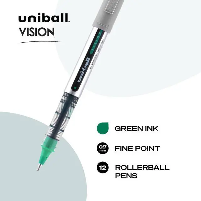 Alt view image 3 of 6 - Uniball Vision Rollerball Pens, Green Pens Pack of 12 - 0.7mm Fine Point Medium Ink - Japanese Pens, Smooth Writing Pens, School & Office Supplies