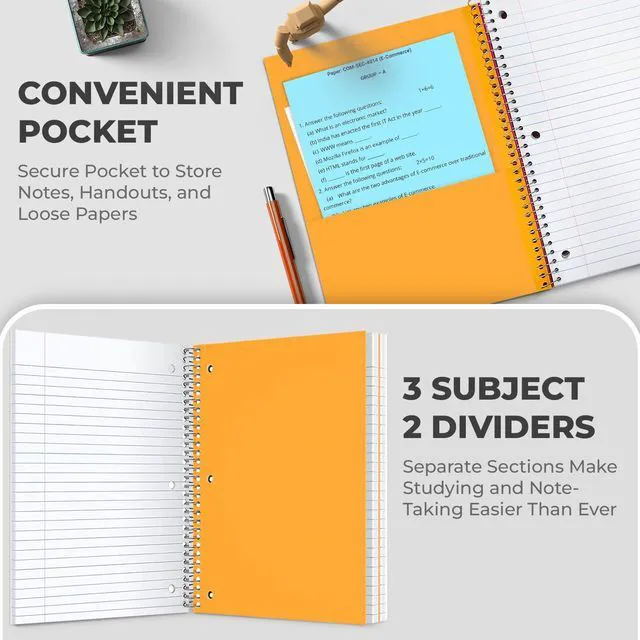 Alt view image 3 of 7 - 3 Subject Notebook College Ruled, 6 Pack, 150 Sheets (300 Pages) No-Bleed Paper, 3 Hole Punched, Thick Paper, 8x10-1/2, 3 Subject Spiral Notebook for School, Home & Office, Assorted Colors