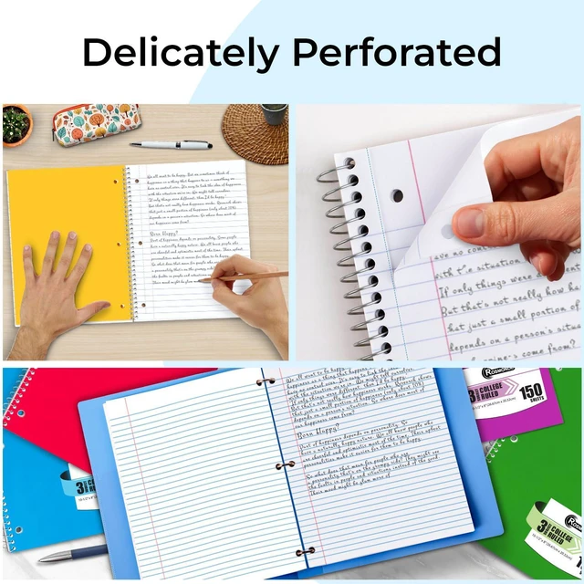 Alt view image 5 of 7 - 3 Subject Notebook College Ruled, 6 Pack, 150 Sheets (300 Pages) No-Bleed Paper, 3 Hole Punched, Thick Paper, 8x10-1/2, 3 Subject Spiral Notebook for School, Home & Office, Assorted Colors