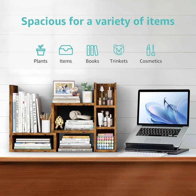 Alt view image 4 of 7 - Desk Shelves Desktop Organizer Shlef - Rustic Office Organization for Top of Desk Organizers and Accessories Corner Bookshelf Table Top Shelving Small Hutch Decorations for Office