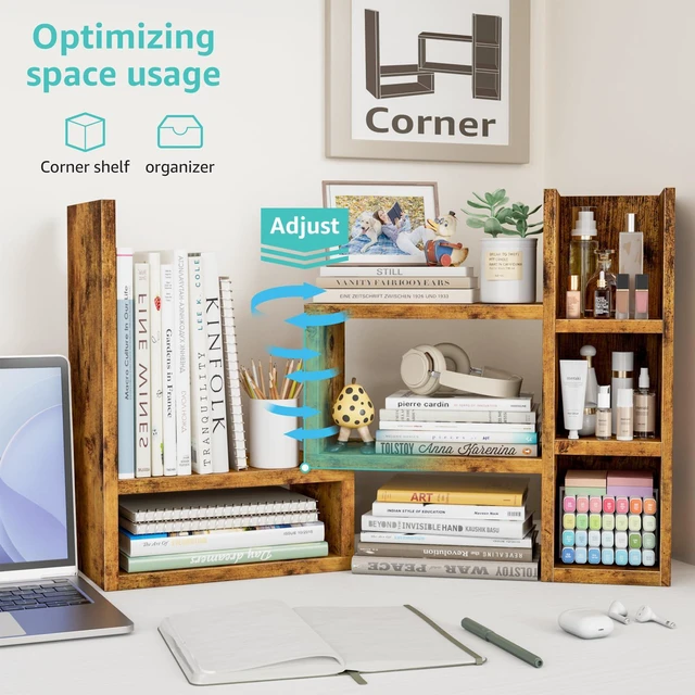 Alt view image 5 of 7 - Desk Shelves Desktop Organizer Shlef - Rustic Office Organization for Top of Desk Organizers and Accessories Corner Bookshelf Table Top Shelving Small Hutch Decorations for Office