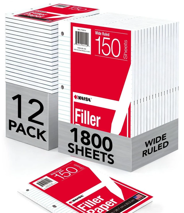 Main image of loose Leaf Paper Filler Paper 1800 Sheets 8"x10.5",Wide Ruled, 3-Hole Punched for 3-Ring Binders, Carton of 12pack