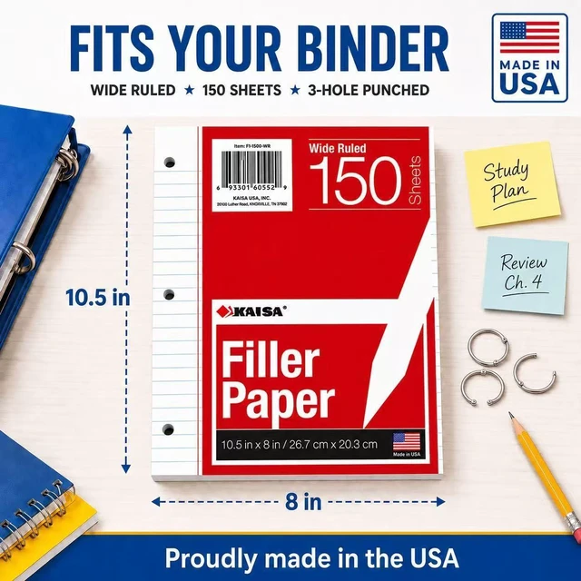 Alt view image 2 of 7 - loose Leaf Paper Filler Paper 1800 Sheets 8"x10.5",Wide Ruled, 3-Hole Punched for 3-Ring Binders, Carton of 12pack