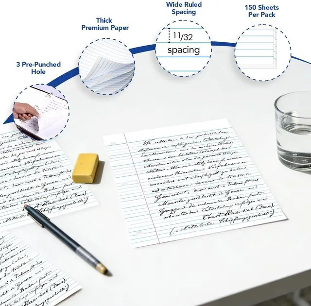 Alt view image 3 of 7 - Filler Paper Loose Leaf Paper, Wide Ruled Paper, 8"x10-1/2", 3-Hole Punched Binder Paper For 3-Ring Binders,150 Sheets/pack 3Pack, F15001W