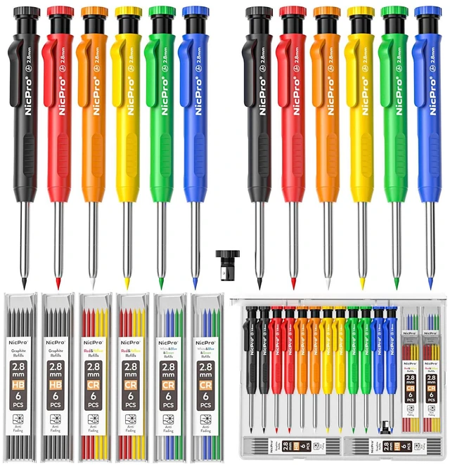 Main image of Carpenter Pencil with Sharpener, 12Pcs Construction Pencil+52 Refill Deep Hole Marker for Construction, Heavy Duty Woodworking Pencil for Architect Marking (Red, Black, Yellow, Blue, Orange)