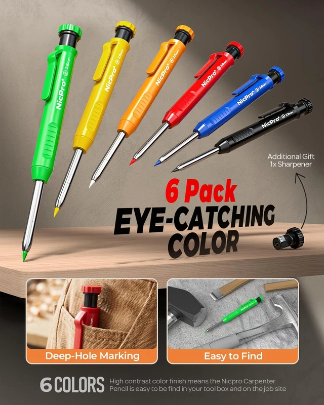Alt view image 5 of 7 - Carpenter Pencil with Sharpener, 12Pcs Construction Pencil+52 Refill Deep Hole Marker for Construction, Heavy Duty Woodworking Pencil for Architect Marking (Red, Black, Yellow, Blue, Orange)