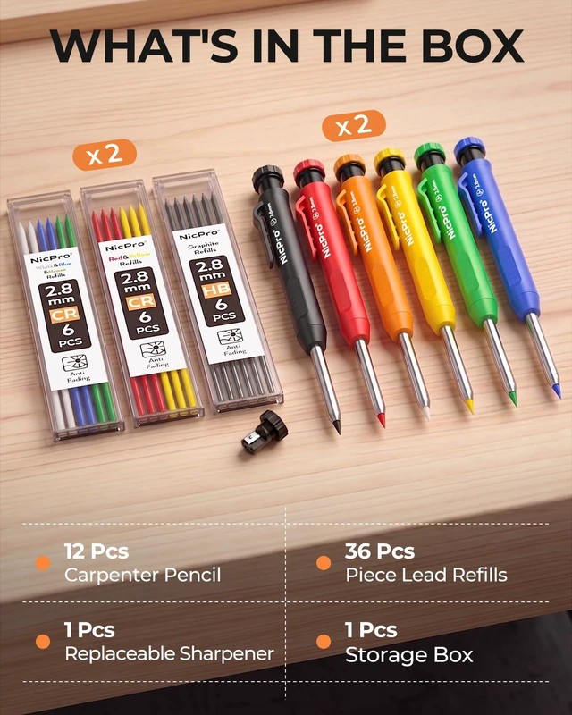 Alt view image 7 of 7 - Carpenter Pencil with Sharpener, 12Pcs Construction Pencil+52 Refill Deep Hole Marker for Construction, Heavy Duty Woodworking Pencil for Architect Marking (Red, Black, Yellow, Blue, Orange)