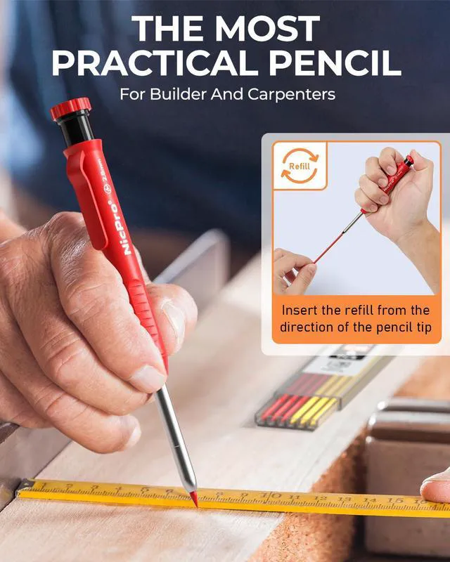 Alt view image 6 of 7 - Carpenter Pencil with Sharpener, 12Pcs Construction Pencil+52 Refill Deep Hole Marker for Construction, Heavy Duty Woodworking Pencil for Architect Marking (Red, Black, Yellow, Blue, Orange)