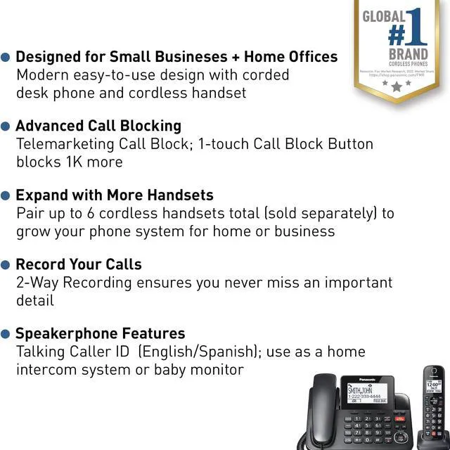 Alt view image 2 of 7 - Corded/Cordless Phone with Advanced Call Block, 2-Way Recording and Digital Answering Machine, 1 Handset Expandable up to 6 Cordless Handsets - KX-TGF850B (Black)