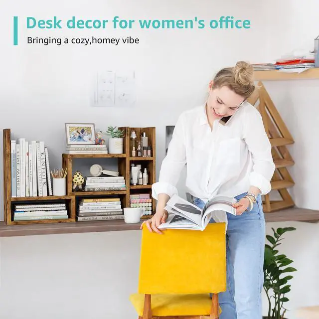 Alt view image 6 of 7 - Desk Shelves Desktop Organizer Shlef - Rustic Office Organization for Top of Desk Organizers and Accessories Corner Bookshelf Table Top Shelving Small Hutch Decorations for Office