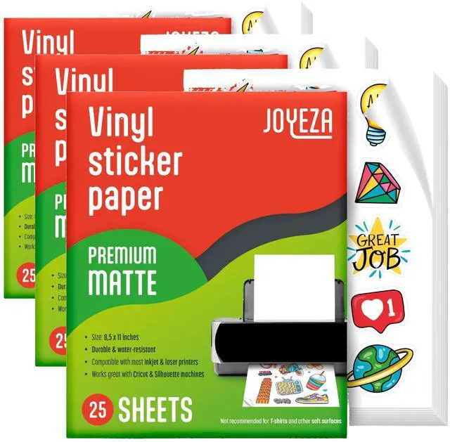 Main image of Premium Printable Vinyl Sticker Paper for Inkjet Printer - 25 Sheets Matte White Waterproof, Dries Quickly Vivid Colors, Holds Ink well- Tear Resistant - Inkjet & Laser Printer (Pack of 3)