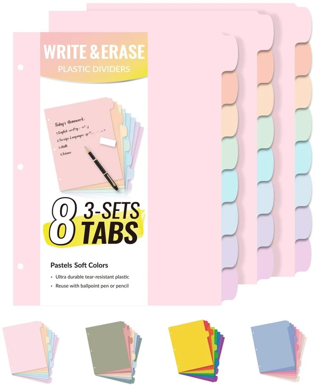 Main image of 8 Tabs Plastic Write & Erase Binder Dividers with Tabs, 3 Sets Long-Lasting Dividers for 3 Ring Binder, Cute Pastels Binder Dividers Organizers for Student, Teacher, Office, Pastels Color