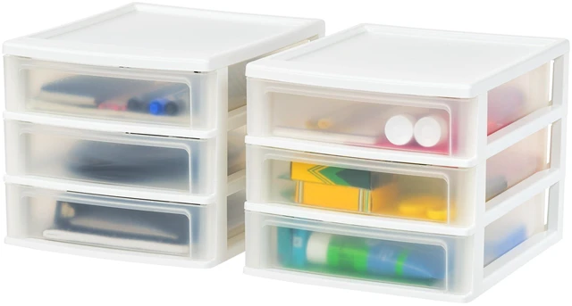 Main image of 2-Pack, 3-Drawer Medium Plastic Stacking Desktop Organizer, White Keep dorm desks organized with drawers for school supplies, makeup, snacks, chargers and everyday college essentials