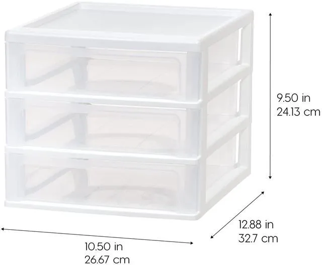 Alt view image 3 of 6 - 2-Pack, 3-Drawer Medium Plastic Stacking Desktop Organizer, White Keep dorm desks organized with drawers for school supplies, makeup, snacks, chargers and everyday college essentials