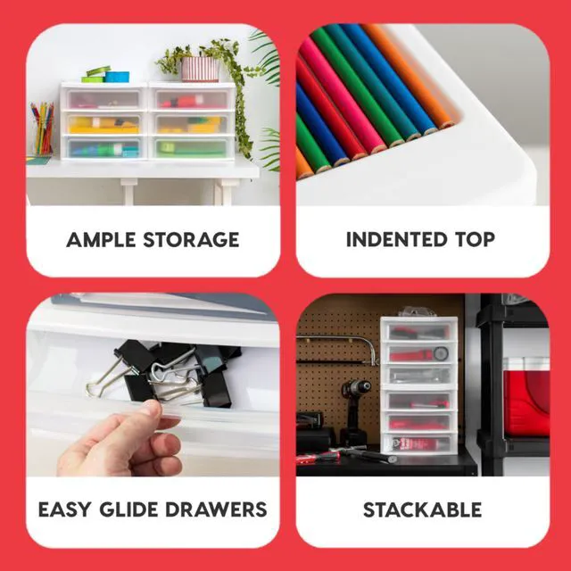 Alt view image 4 of 6 - 2-Pack, 3-Drawer Medium Plastic Stacking Desktop Organizer, White Keep dorm desks organized with drawers for school supplies, makeup, snacks, chargers and everyday college essentials