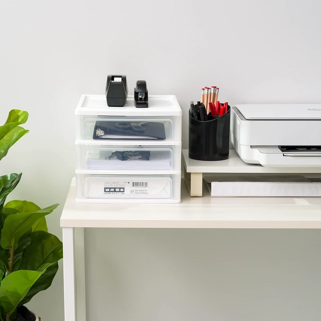Alt view image 5 of 6 - 2-Pack, 3-Drawer Medium Plastic Stacking Desktop Organizer, White Keep dorm desks organized with drawers for school supplies, makeup, snacks, chargers and everyday college essentials