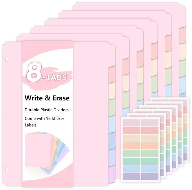 Main image of Durable Plastic 8-Tab Dividers,6sets,Big Tab Dividers for 3 Ring Binder, Write&Erase 3 Ring Binder Dividers with Tabs,with Sticker LabelsPink
