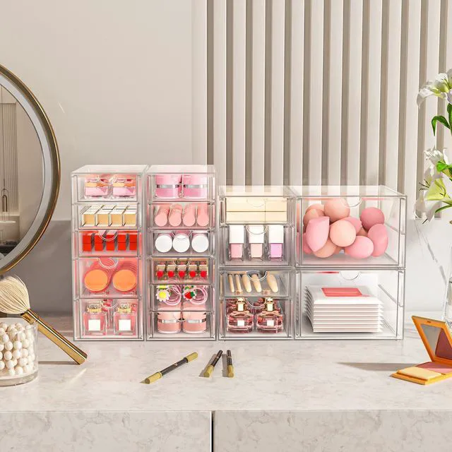 Alt view image 2 of 7 - 17-Drawer Acrylic Storage & Makeup Organizer for Desk, Bath Smooth-glide drawers, clear acrylic, 4-set stackable, dustproof, wipe-clean, for serum samples, sheet masks, bobby pins