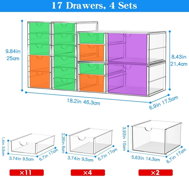 Alt view image 3 of 7 - 17-Drawer Acrylic Storage & Makeup Organizer for Desk, Bath Smooth-glide drawers, clear acrylic, 4-set stackable, dustproof, wipe-clean, for serum samples, sheet masks, bobby pins