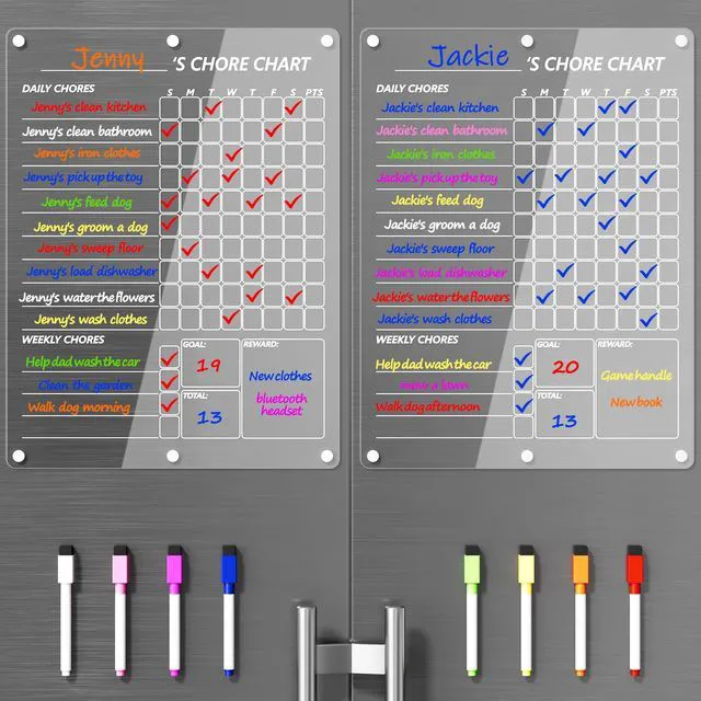 Main image of Acrylic Magnetic Chore Chart for 2 Kids, Clear Chores Chart for Fridge Refrigerator, Weekly Dry Erase Board for Multiple Kids Teens Adults, w/ 8 Colors Markers, 15"x11"
