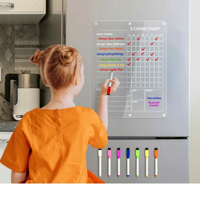 Alt view image 2 of 6 - Acrylic Magnetic Chore Chart for 2 Kids, Clear Chores Chart for Fridge Refrigerator, Weekly Dry Erase Board for Multiple Kids Teens Adults, w/ 8 Colors Markers, 15"x11"