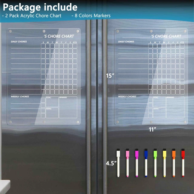 Alt view image 6 of 6 - Acrylic Magnetic Chore Chart for 2 Kids, Clear Chores Chart for Fridge Refrigerator, Weekly Dry Erase Board for Multiple Kids Teens Adults, w/ 8 Colors Markers, 15"x11"