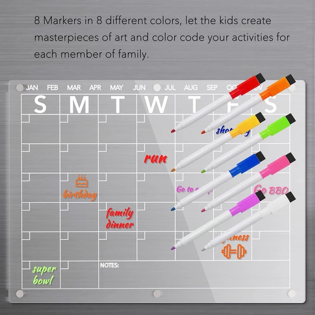 Alt view image 3 of 7 - Acrylic Magnetic Dry Erase Board Calendar for Fridge, Clear Monthly and Weekly Planner Whiteboard for Refrigerator, w/ 8 Colors Markers, 15"x11"