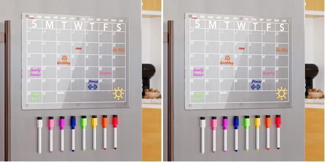 Main image of Acrylic Magnetic Dry Erase Board Calendar for Fridge, Clear Monthly Planner Whiteboard for Refrigerator, w/ 8 Colors Markers, 15"x11" (Pack of 2)