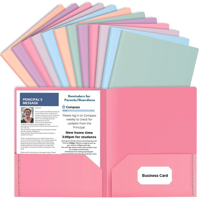 Main image of 12 Pack Colored File Folders with Pockets, Pastel Pocket Folders, Plastic Business Card Holder, Decorative, for Documents, Cute Plastic Folders for Filing Cabinet, School, Office, Resume Portfolio