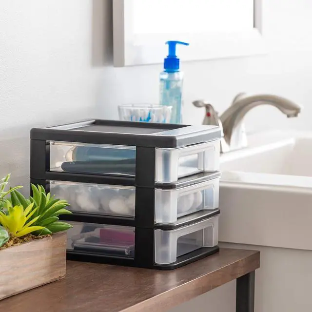 Alt view image 2 of 7 - 4-Pack, 3-Drawer Small Plastic Stacking Desktop Organizer, Black Keep dorm desks tidy with drawers for school supplies, makeup, chargers, snacks and everyday college essentials