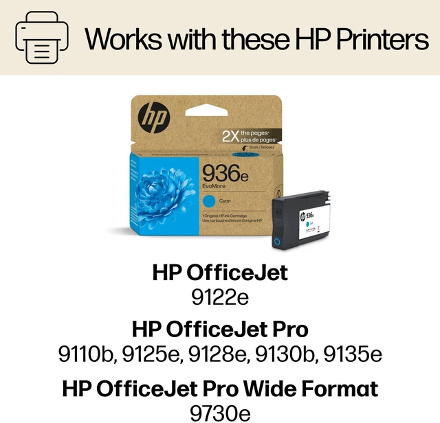 Alt view image 2 of 7 - 936e Cyan EvoMore Ink Cartridge | Works with OfficeJet 9120, Pro 9100, Wide Format 9700 | Carbon Neutral | 4S6V3LN