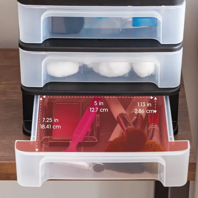 Alt view image 4 of 7 - 4-Pack, 3-Drawer Small Plastic Stacking Desktop Organizer, Black Keep dorm desks tidy with drawers for school supplies, makeup, chargers, snacks and everyday college essentials