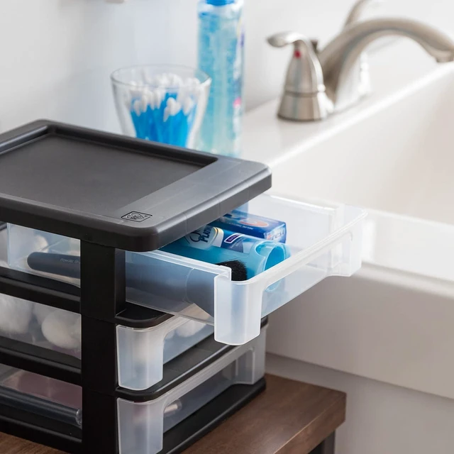 Alt view image 6 of 7 - 4-Pack, 3-Drawer Small Plastic Stacking Desktop Organizer, Black Keep dorm desks tidy with drawers for school supplies, makeup, chargers, snacks and everyday college essentials