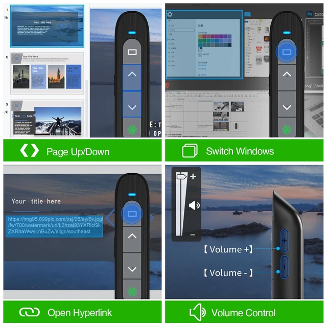 Alt view image 4 of 7 - USB C Rechargeable Presentation Clicker with Green Light, Remote Clicker for Presentations Wireless Presenter Slide Changer PPT Advancer with Volume Control for Laptop Computer