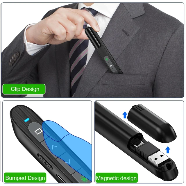 Alt view image 5 of 7 - USB C Rechargeable Presentation Clicker with Green Light, Remote Clicker for Presentations Wireless Presenter Slide Changer PPT Advancer with Volume Control for Laptop Computer