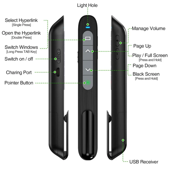 Alt view image 6 of 7 - USB C Rechargeable Presentation Clicker with Green Light, Remote Clicker for Presentations Wireless Presenter Slide Changer PPT Advancer with Volume Control for Laptop Computer